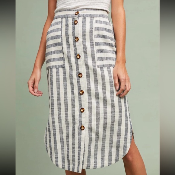 Anthropologie Maeve Chiloe Striped Button Front Midi Skirt - Picture 2 of 15